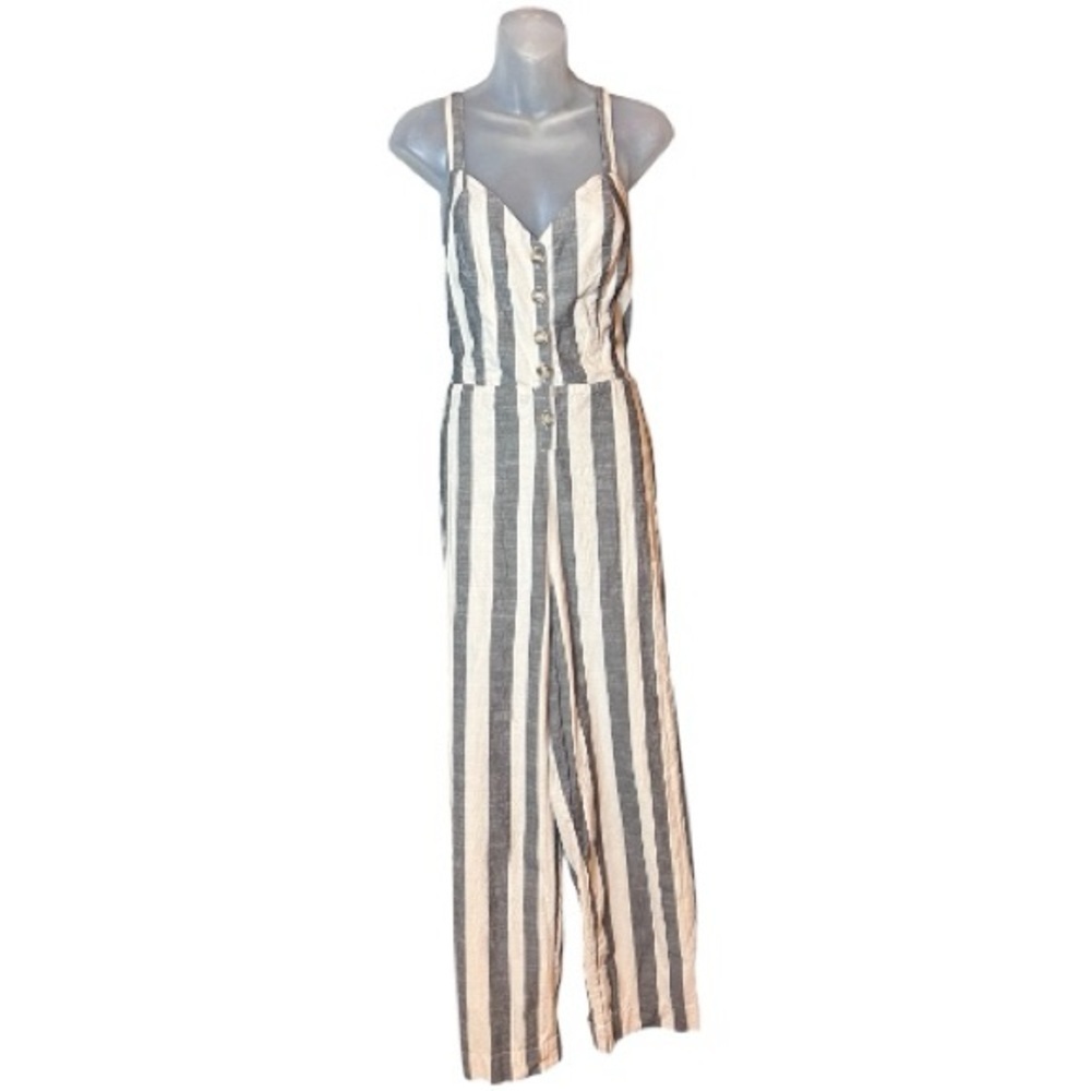 Japna Black Grey/Cream Striped 100% Cotton Jumpsuit, Size M Open Back Tie - Picture 3 of 11
